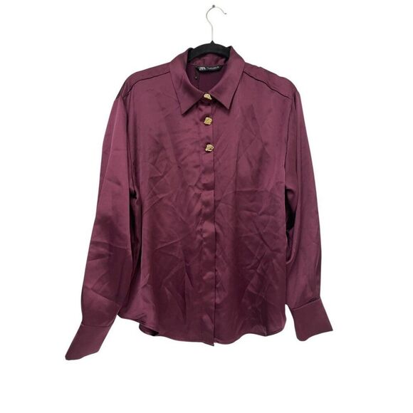 Zara Women Satin Blouse Shirt L Large Red Burgundy Gold button 2138/302 NWT - Picture 2 of 11